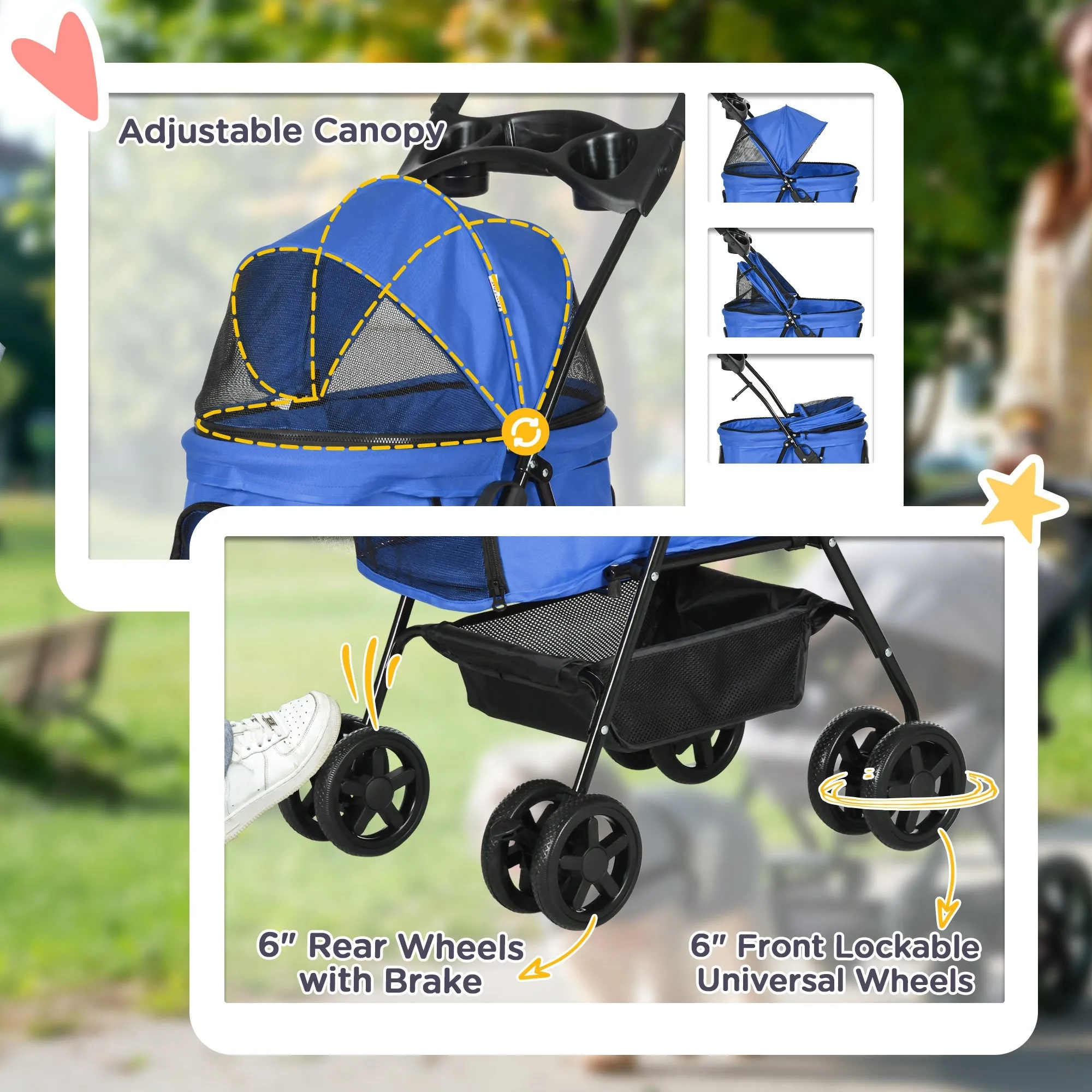Dog Pram Dog Stroller Foldable Pet Pushchair with 4 Wheels, Safety Leashes, Cup Holder for Small Dogs, Blue