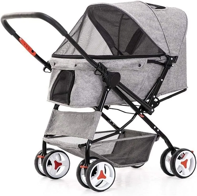 Dog Stroller for Medium Dogs 4 Wheel Cat/Dog Strollers Easy Onehand Fold Reversible Push Handle Dog Buggy Puppy & Kitten Carrier Extended Cockpit 25in Gray