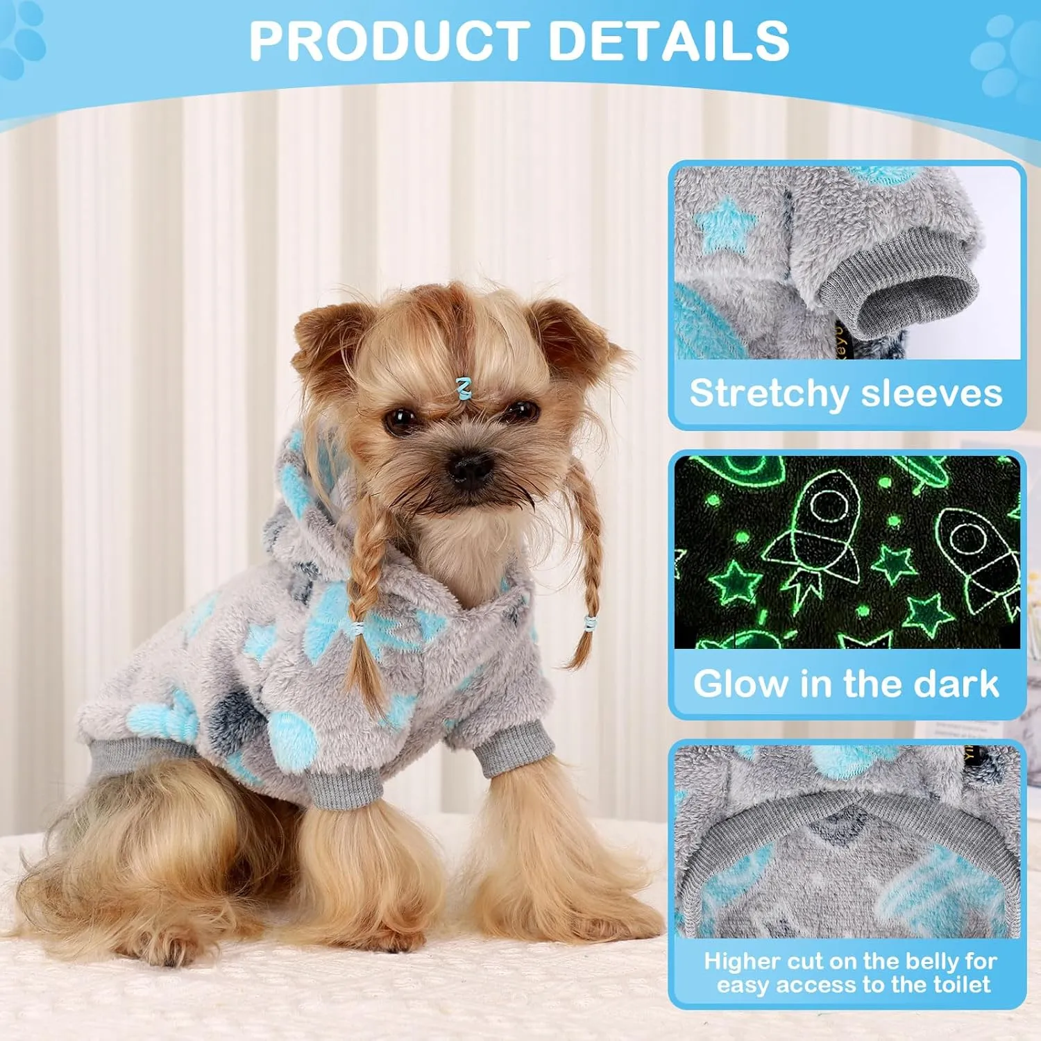 Dog Sweater, Glow in The Dark Dog Hoodie, Soft Flannel Pet Clothes for Boy Girl, Winter Warm Puppy Sweater for Chihuahua Yorkie Cat (Grey Rocket,XXS)