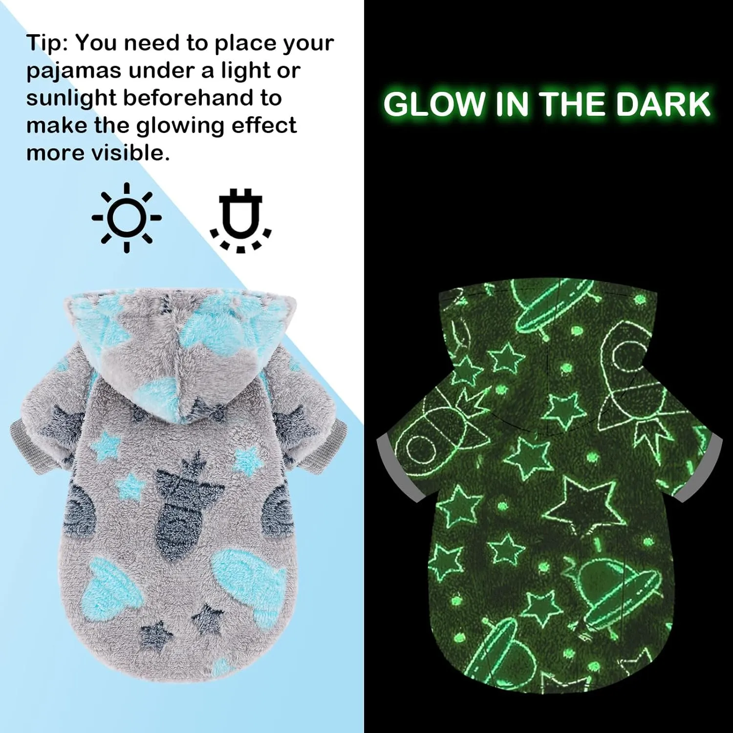 Dog Sweater, Glow in The Dark Dog Hoodie, Soft Flannel Pet Clothes for Boy Girl, Winter Warm Puppy Sweater for Chihuahua Yorkie Cat (Grey Rocket,XXS)
