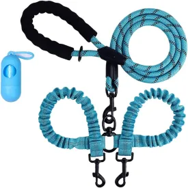 Double Leash With Two Shock Absorbing Bungee Trainning Leashes for Dogs - 360 Swivel No Tangle Reflective Rope