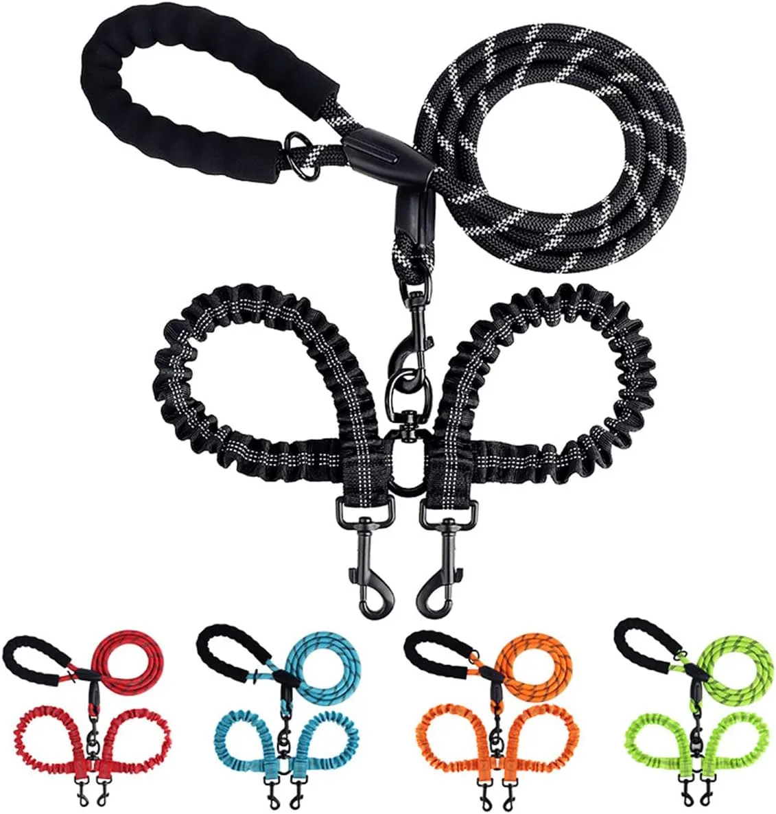 Double Leash With Two Shock Absorbing Bungee Trainning Leashes for Dogs - 360 Swivel No Tangle Reflective Rope