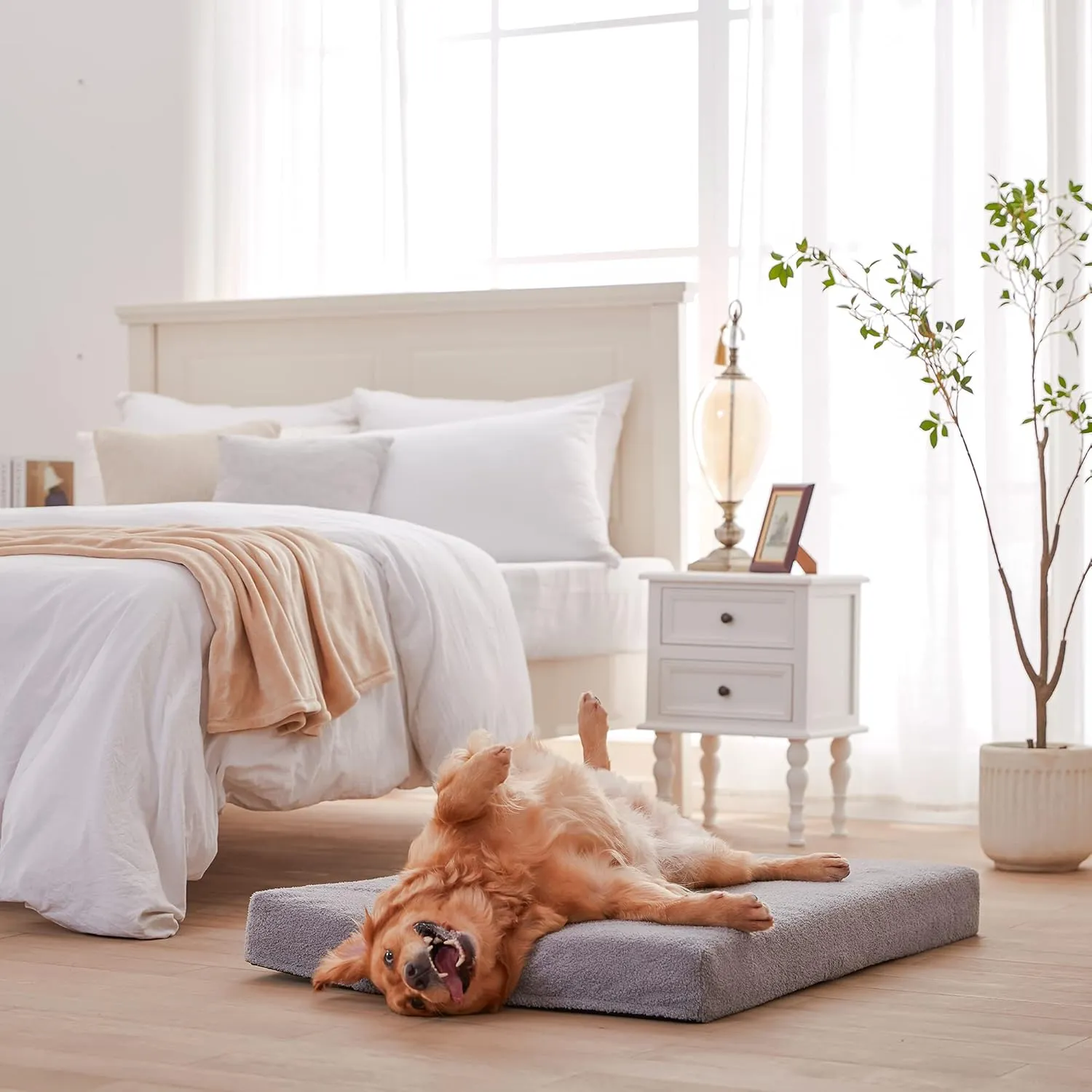 Extra Large Dog Bed, Cooling Dog Beds for Large Size, Washable Orthopedic Pet Mat for Crate with Joint Relief Memory Foam, Waterproof Liner and Plush Cover (50x 34)