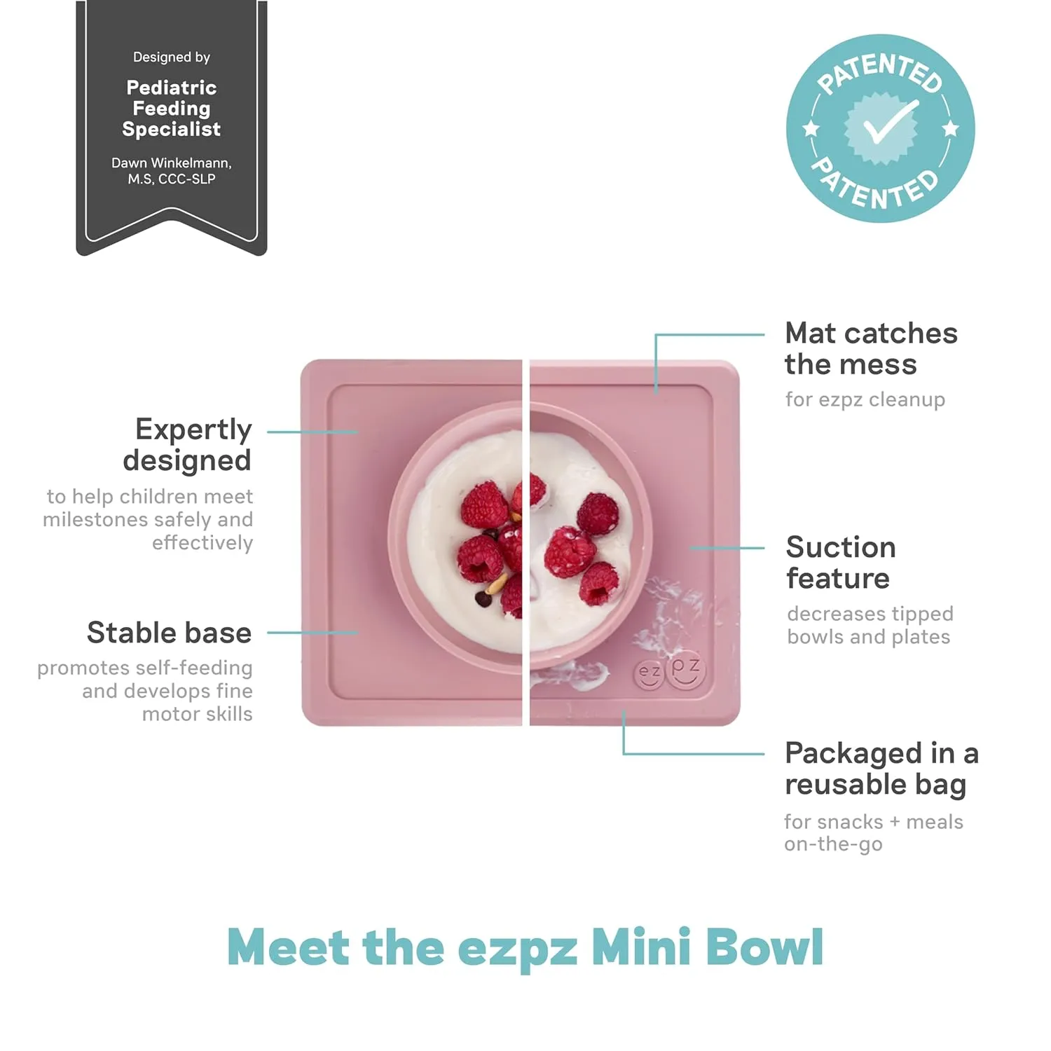 ezpz Mini Bowl for 12 Months  (Blush) - 100% Silicone Suction Bowl with Built-in Placemat for Toddlers - Comes with a Reusable Travel Bag