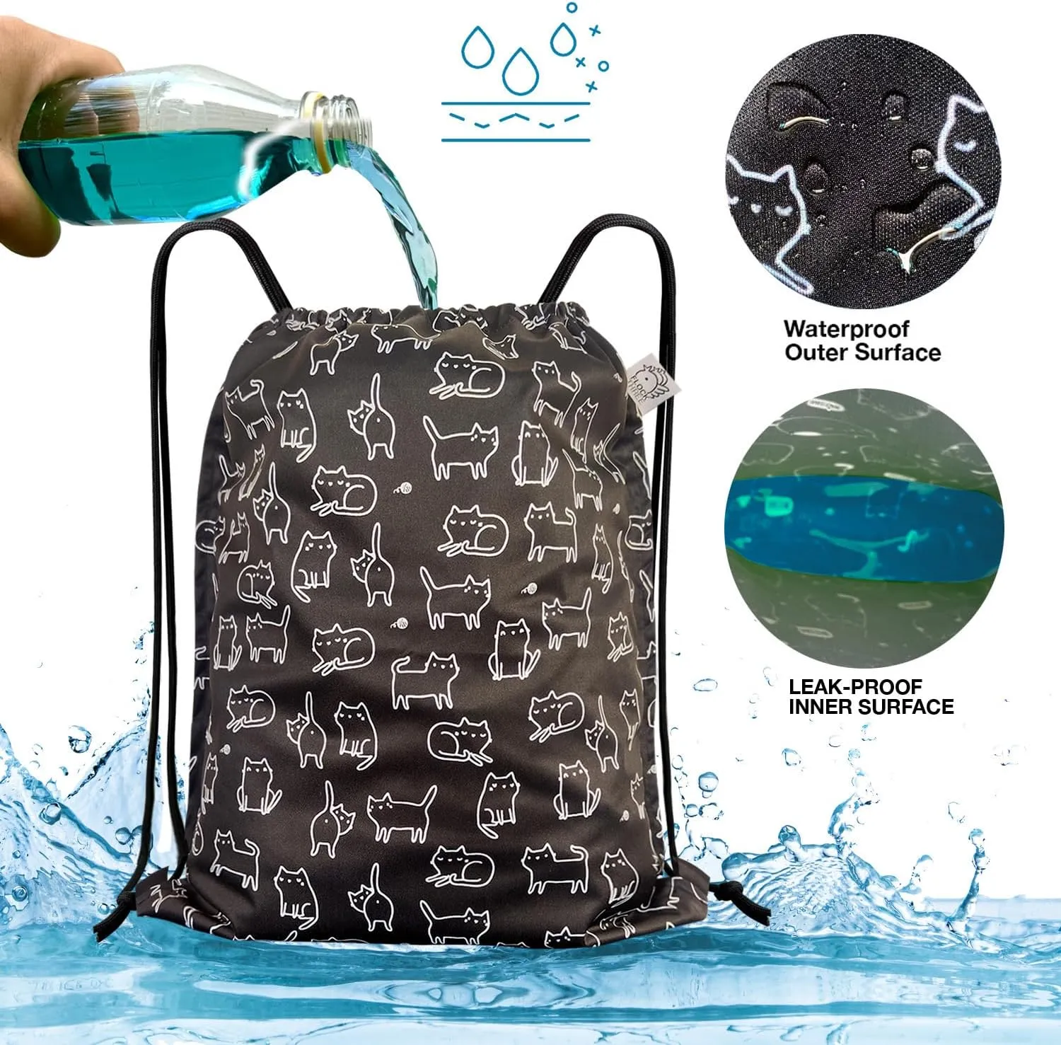 FLOCK THREE Leakproof Drawstring Backpack Sports Gym Bag Large Capacity With Pocket for Sports Gym Travel Swimming Beach (Black cats)
