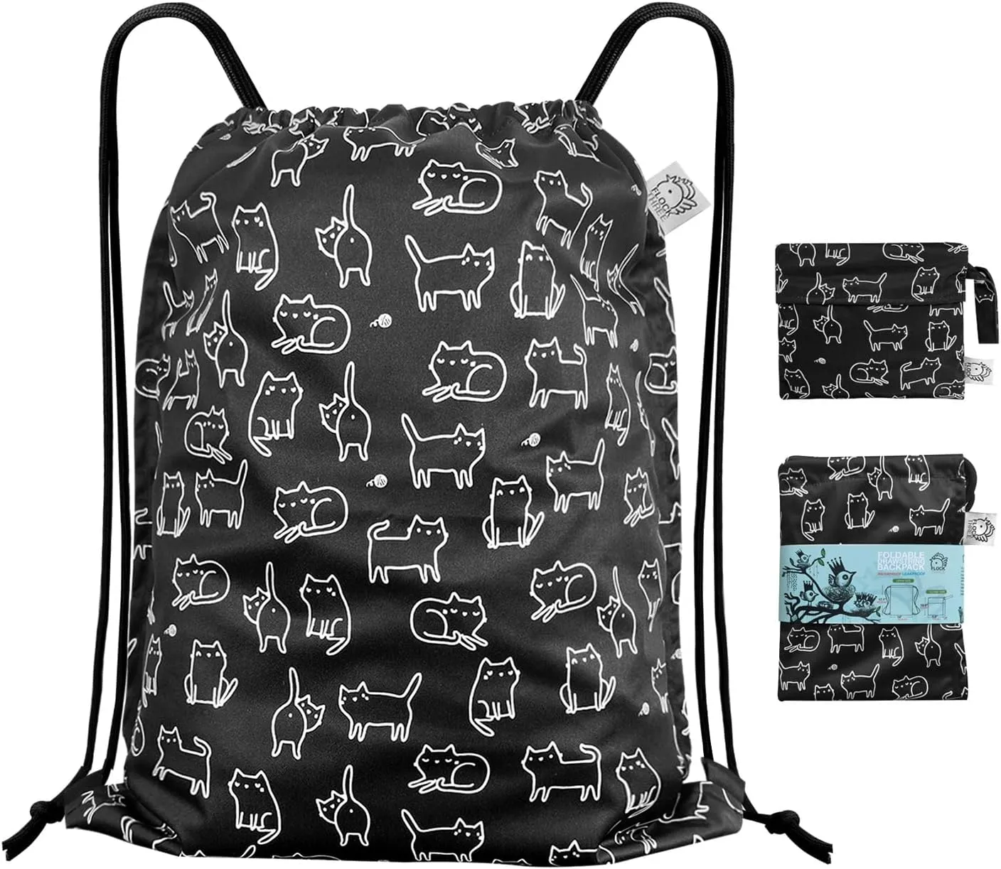 FLOCK THREE Leakproof Drawstring Backpack Sports Gym Bag Large Capacity With Pocket for Sports Gym Travel Swimming Beach (Black cats)