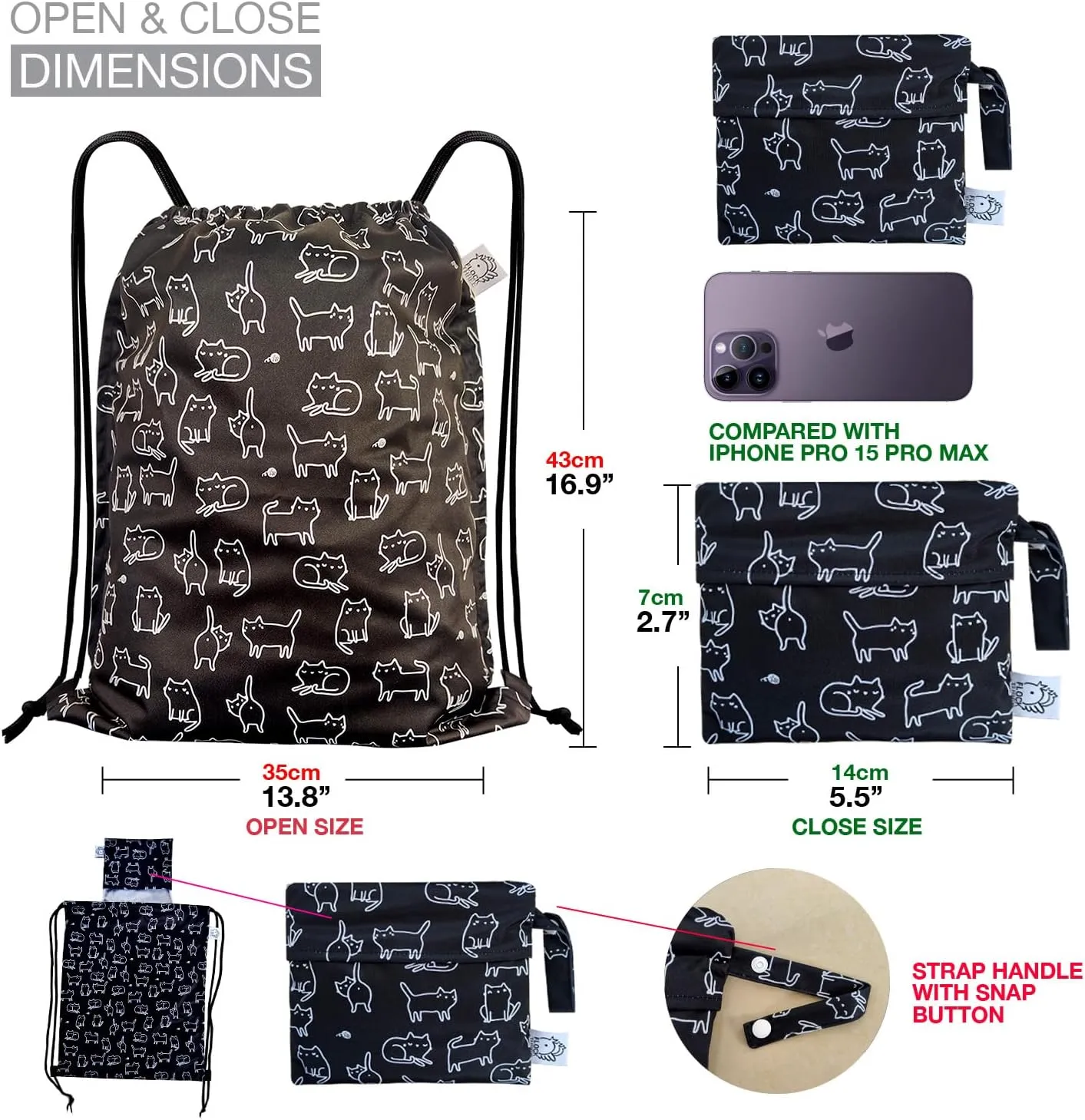 FLOCK THREE Leakproof Drawstring Backpack Sports Gym Bag Large Capacity With Pocket for Sports Gym Travel Swimming Beach (Black cats)