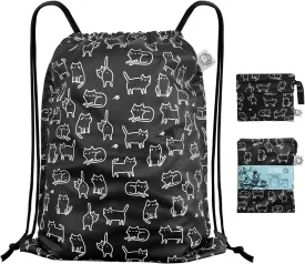 FLOCK THREE Leakproof Drawstring Backpack Sports Gym Bag Large Capacity With Pocket for Sports Gym Travel Swimming Beach (Black cats)