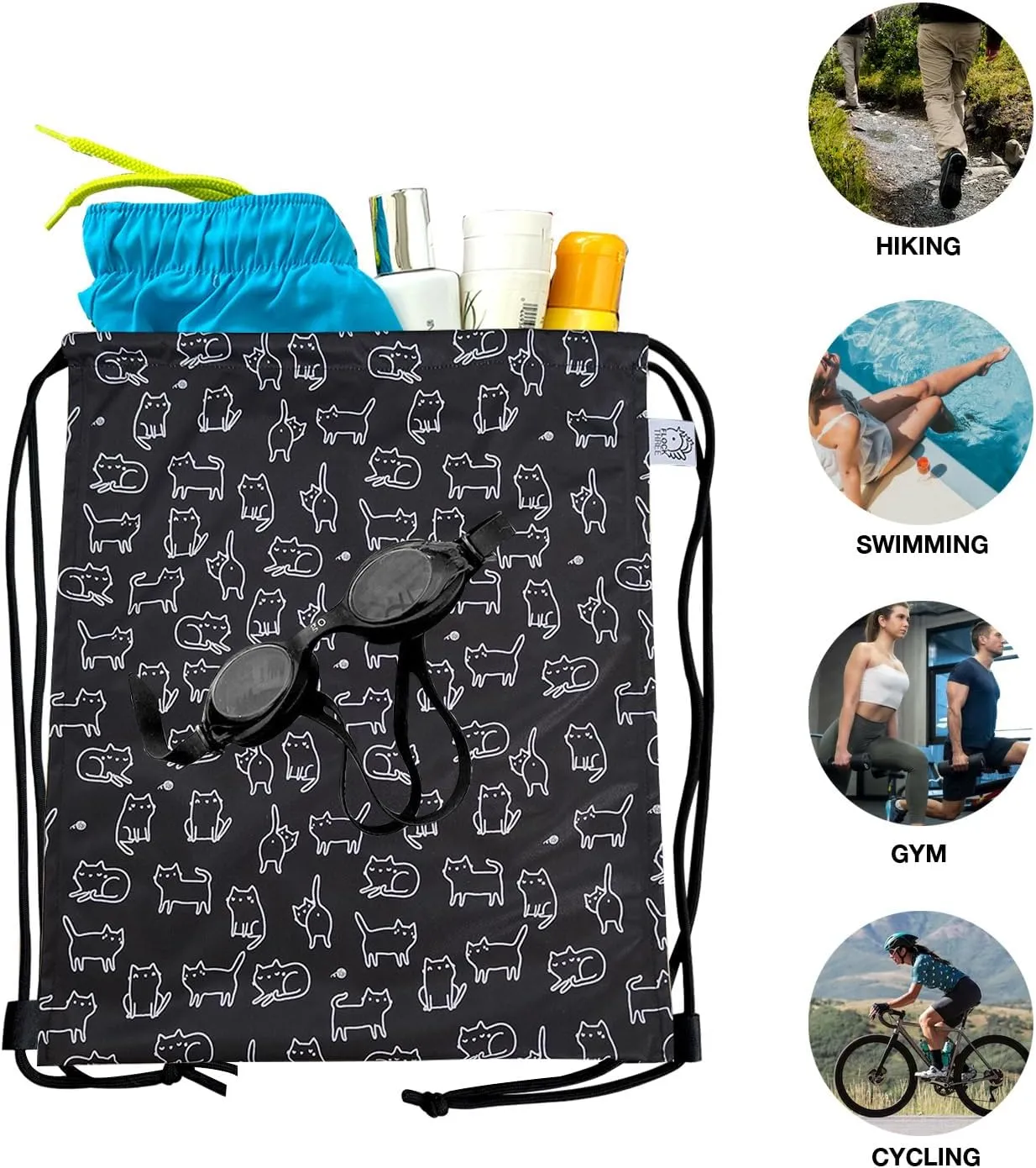 FLOCK THREE Leakproof Drawstring Backpack Sports Gym Bag Large Capacity With Pocket for Sports Gym Travel Swimming Beach (Black cats)