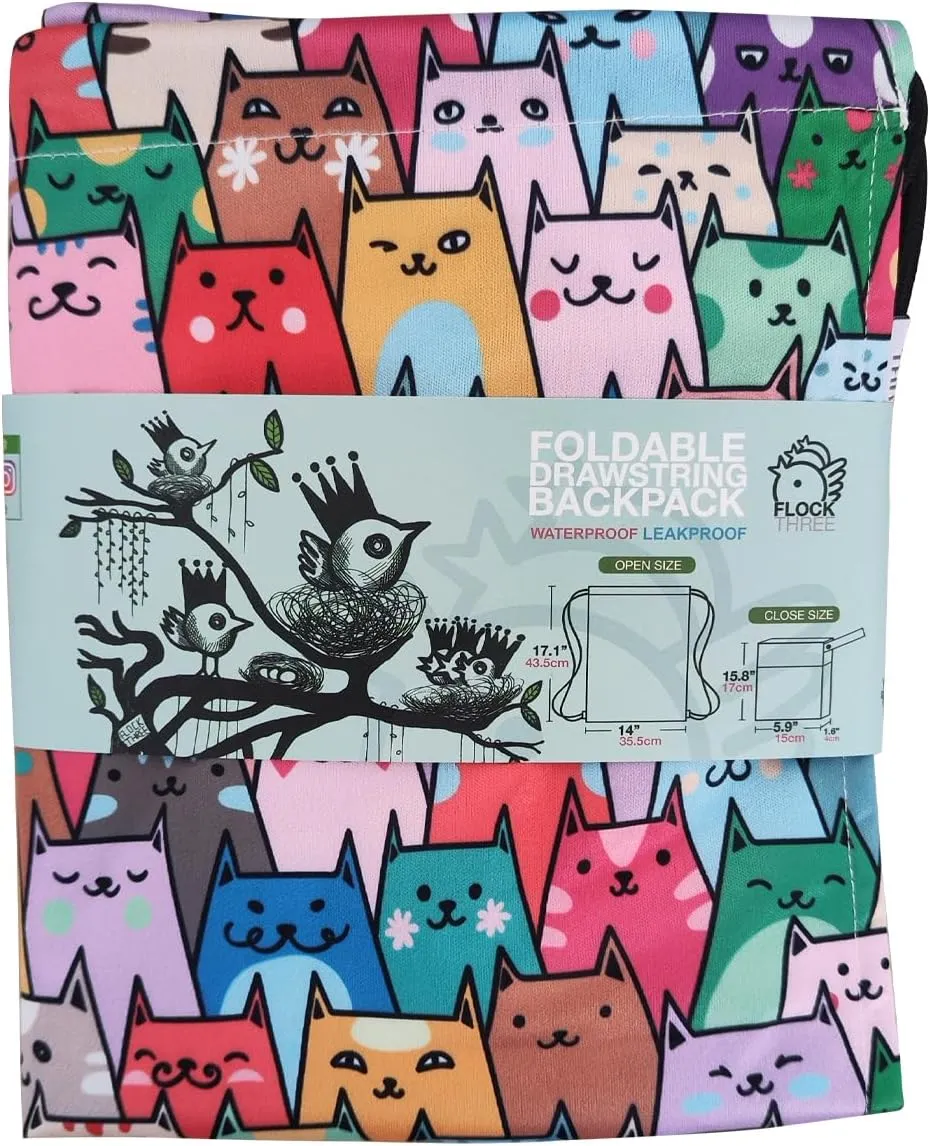 FLOCK THREE Leakproof Drawstring Backpack Sports Gym Bag Large Capacity With Pocket for Sports Gym Travel Swimming Beach (Colorful Cats)