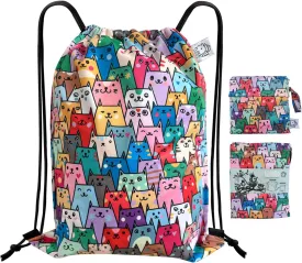 FLOCK THREE Leakproof Drawstring Backpack Sports Gym Bag Large Capacity With Pocket for Sports Gym Travel Swimming Beach (Colorful Cats)