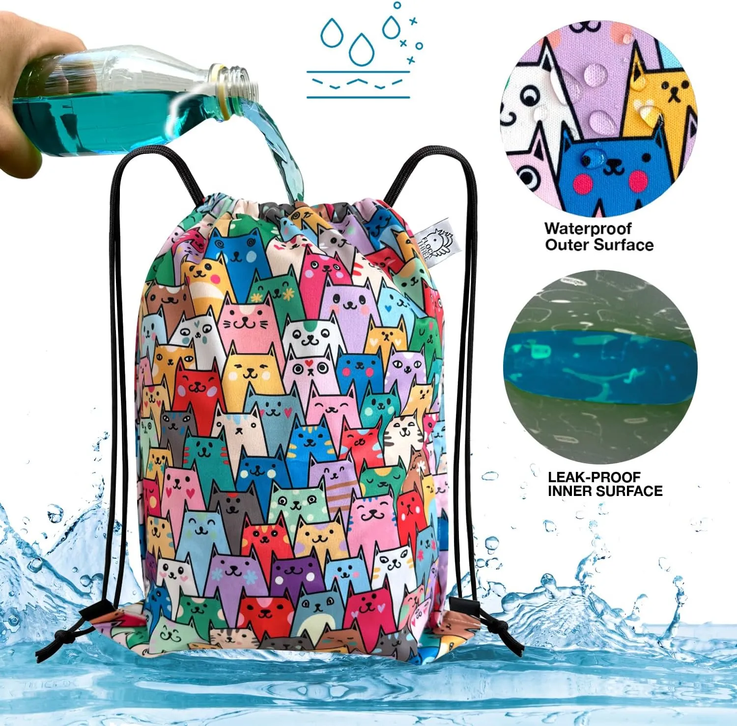 FLOCK THREE Leakproof Drawstring Backpack Sports Gym Bag Large Capacity With Pocket for Sports Gym Travel Swimming Beach (Colorful Cats)