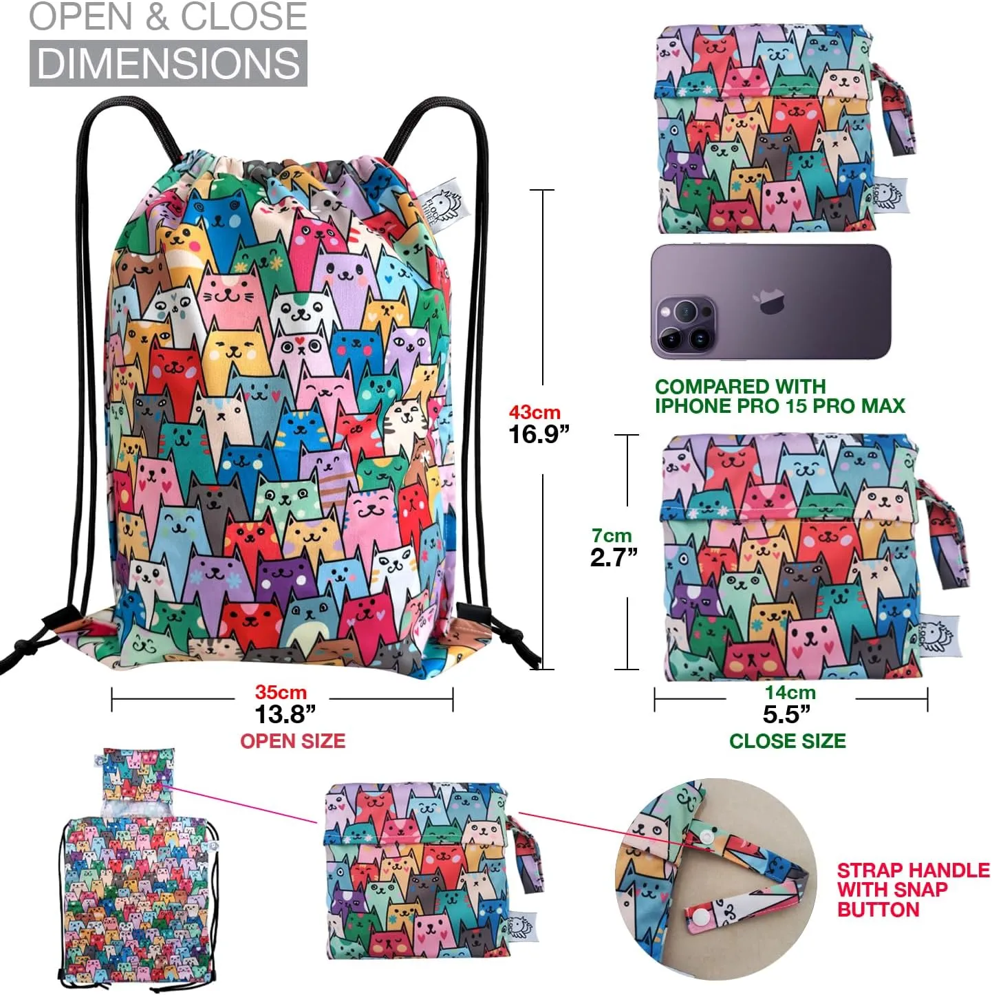 FLOCK THREE Leakproof Drawstring Backpack Sports Gym Bag Large Capacity With Pocket for Sports Gym Travel Swimming Beach (Colorful Cats)