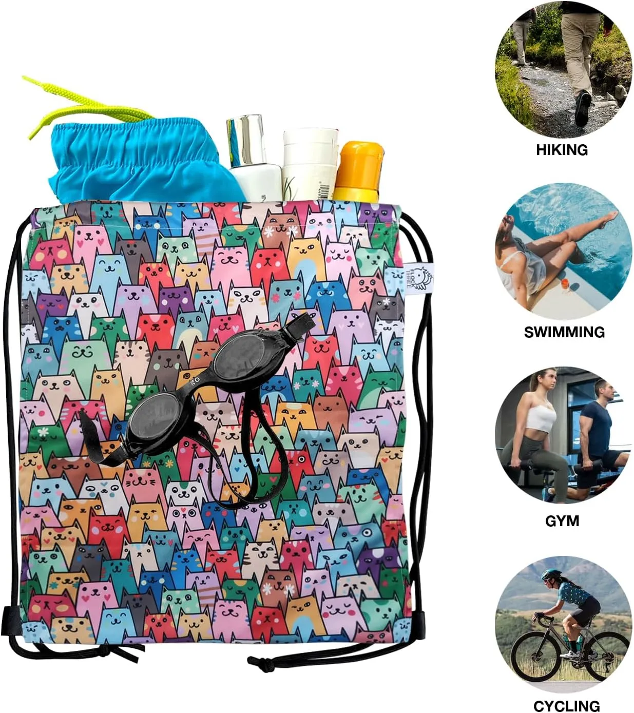 FLOCK THREE Leakproof Drawstring Backpack Sports Gym Bag Large Capacity With Pocket for Sports Gym Travel Swimming Beach (Colorful Cats)