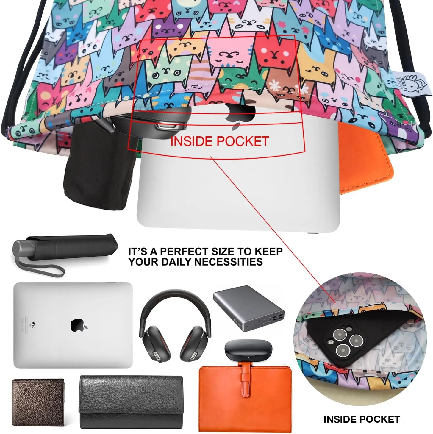 FLOCK THREE Leakproof Drawstring Backpack Sports Gym Bag Large Capacity With Pocket for Sports Gym Travel Swimming Beach (Colorful Cats)