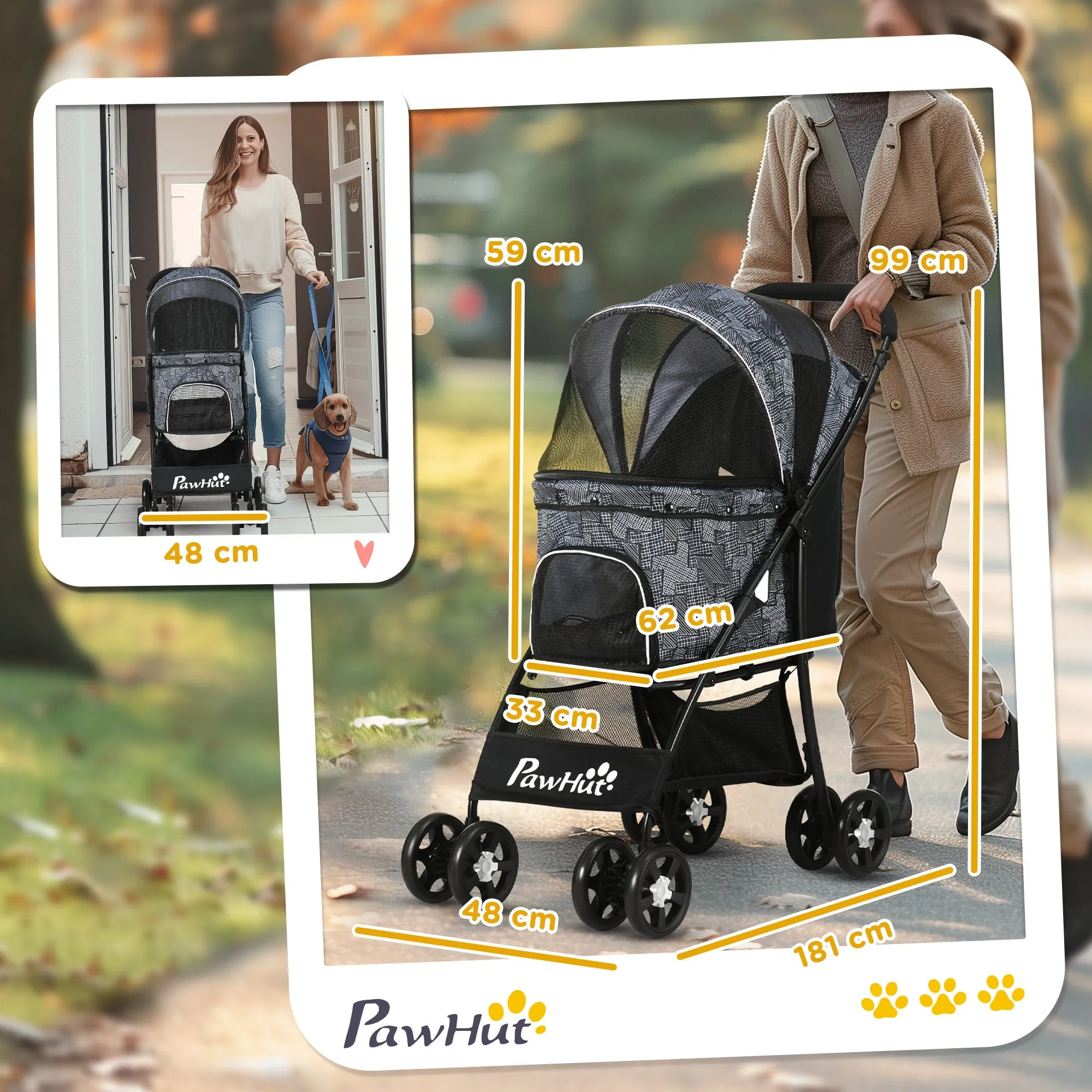 Foldable Pet Stroller for Dogs, Puppy Stroller, with Large Carriage, Brakes, Canopy - Grey
