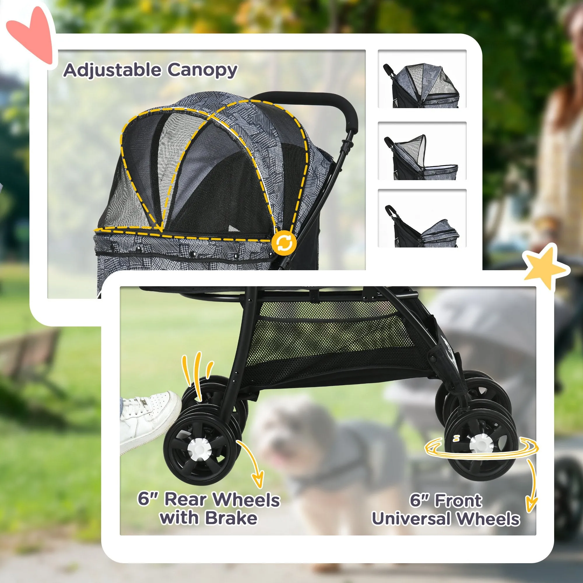 Foldable Pet Stroller for Dogs, Puppy Stroller, with Large Carriage, Brakes, Canopy - Grey