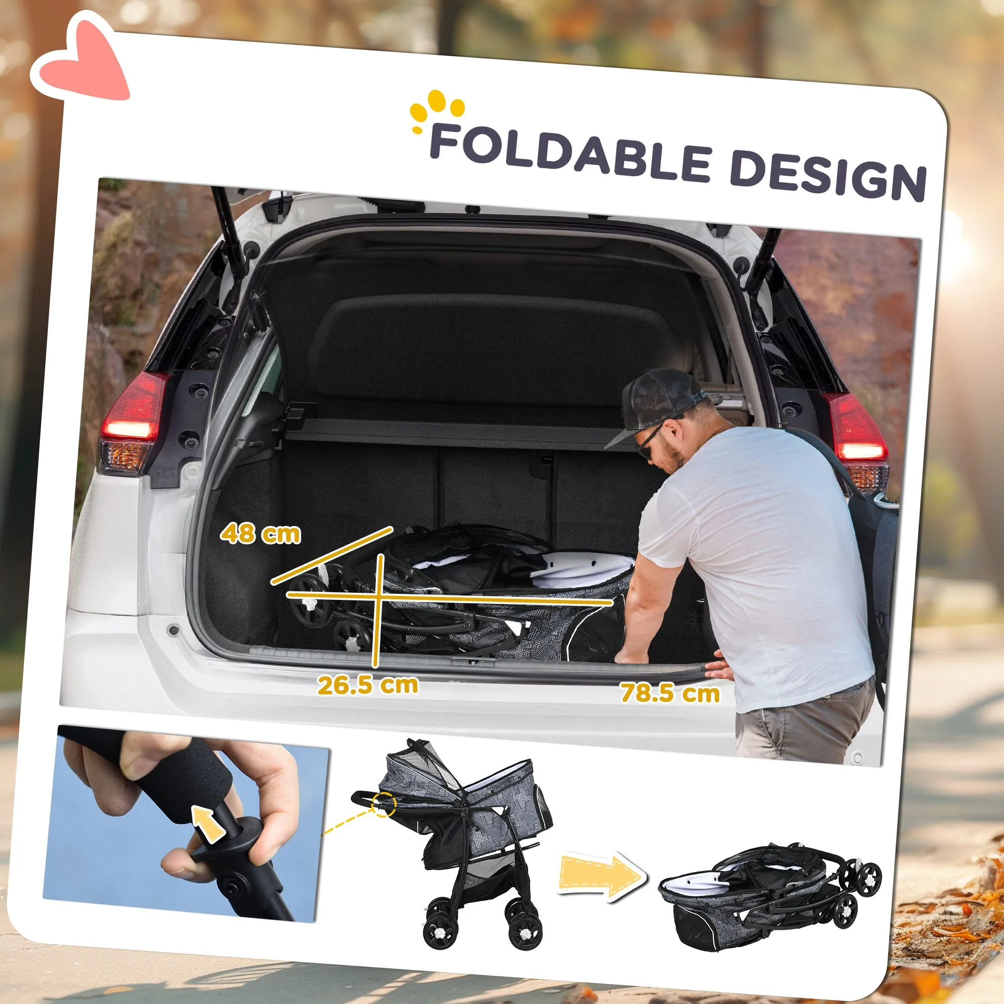 Foldable Pet Stroller for Dogs, Puppy Stroller, with Large Carriage, Brakes, Canopy - Grey