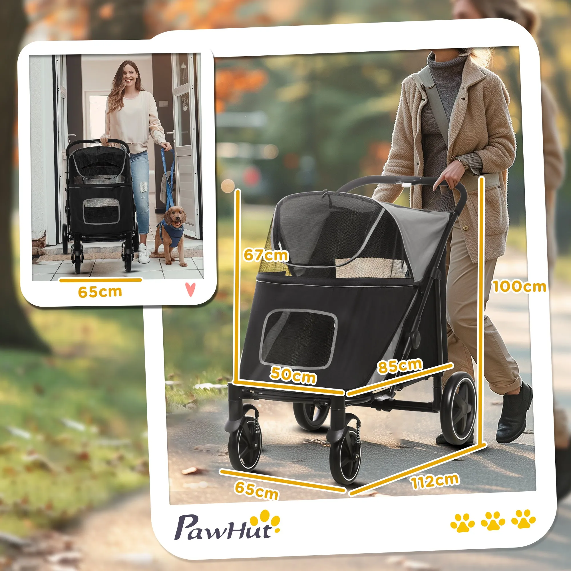 Foldable Pet Stroller, with Universal Wheels, Shock Absorber, for Medium and Large Dogs - Black