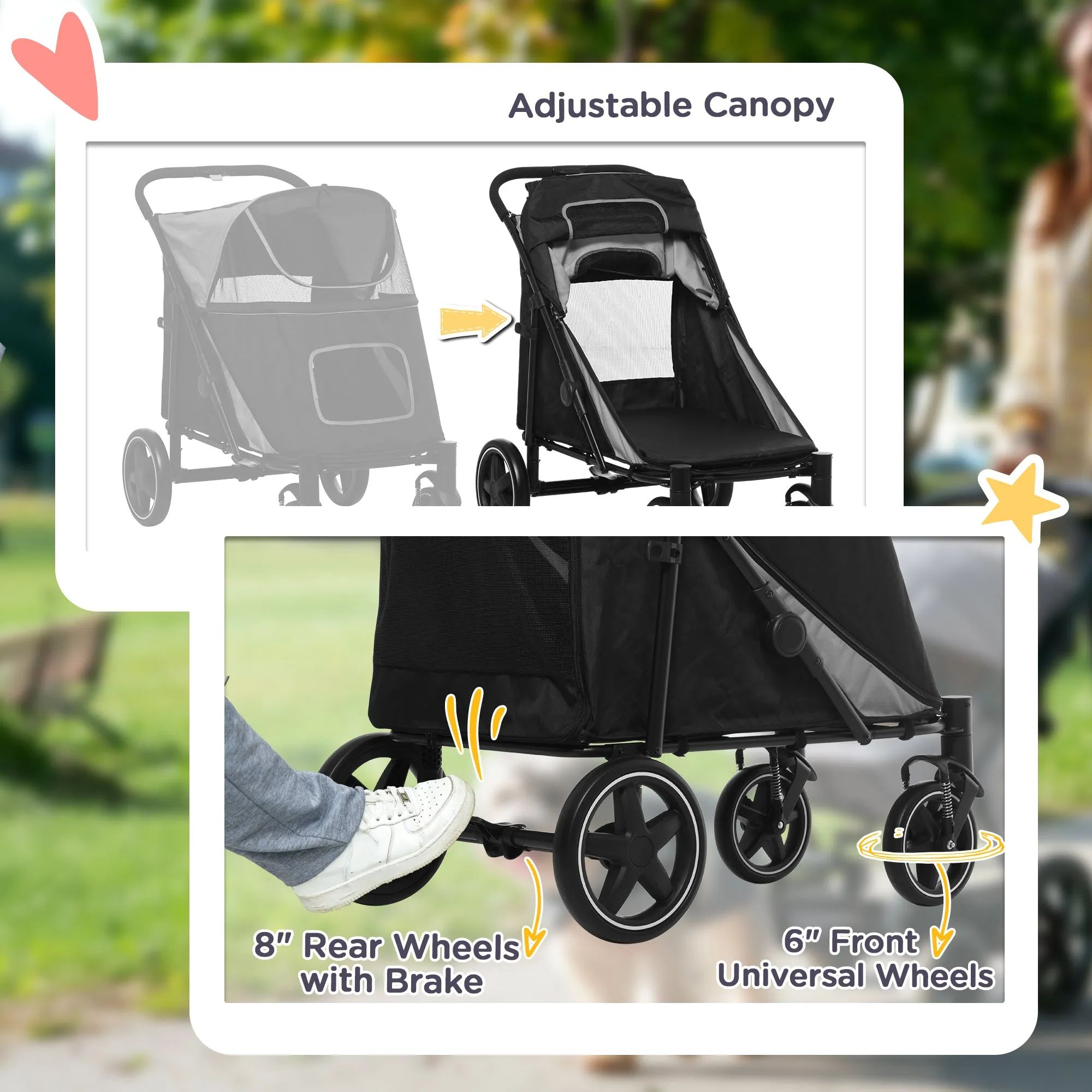 Foldable Pet Stroller, with Universal Wheels, Shock Absorber, for Medium and Large Dogs - Black
