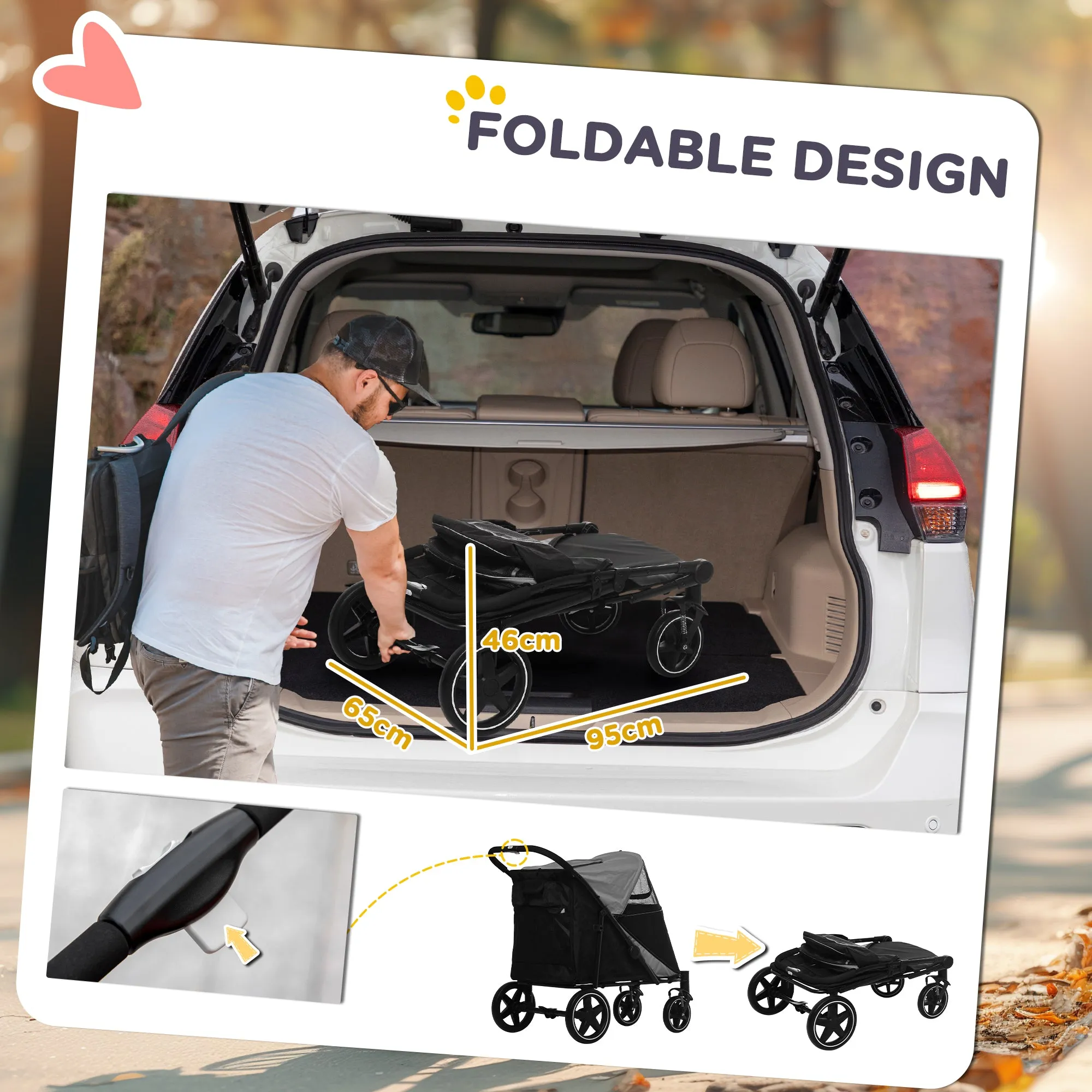 Foldable Pet Stroller, with Universal Wheels, Shock Absorber, for Medium and Large Dogs - Black