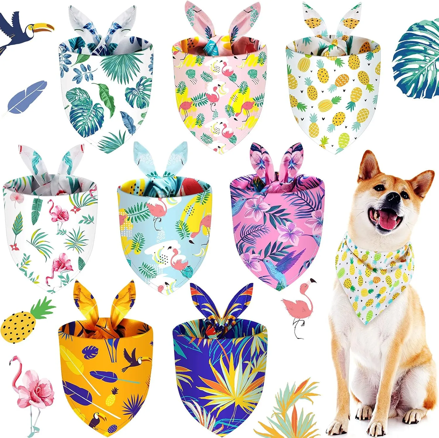 Frienda 8 Pieces Summer Pet Bandanas Triangle Dog Bandana Hawaiian Dog Scarf Triangle Bibs Adjustable Rainforest Fruit Flamingo Style for Small Large Pet(L)