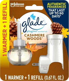 Glade PlugIns Refills Air Freshener Starter Kit, Scented and Essential Oils for Home and Bathroom, Cashmere Woods, 0.67 Fl Oz, 1 Warmer   1 Refill