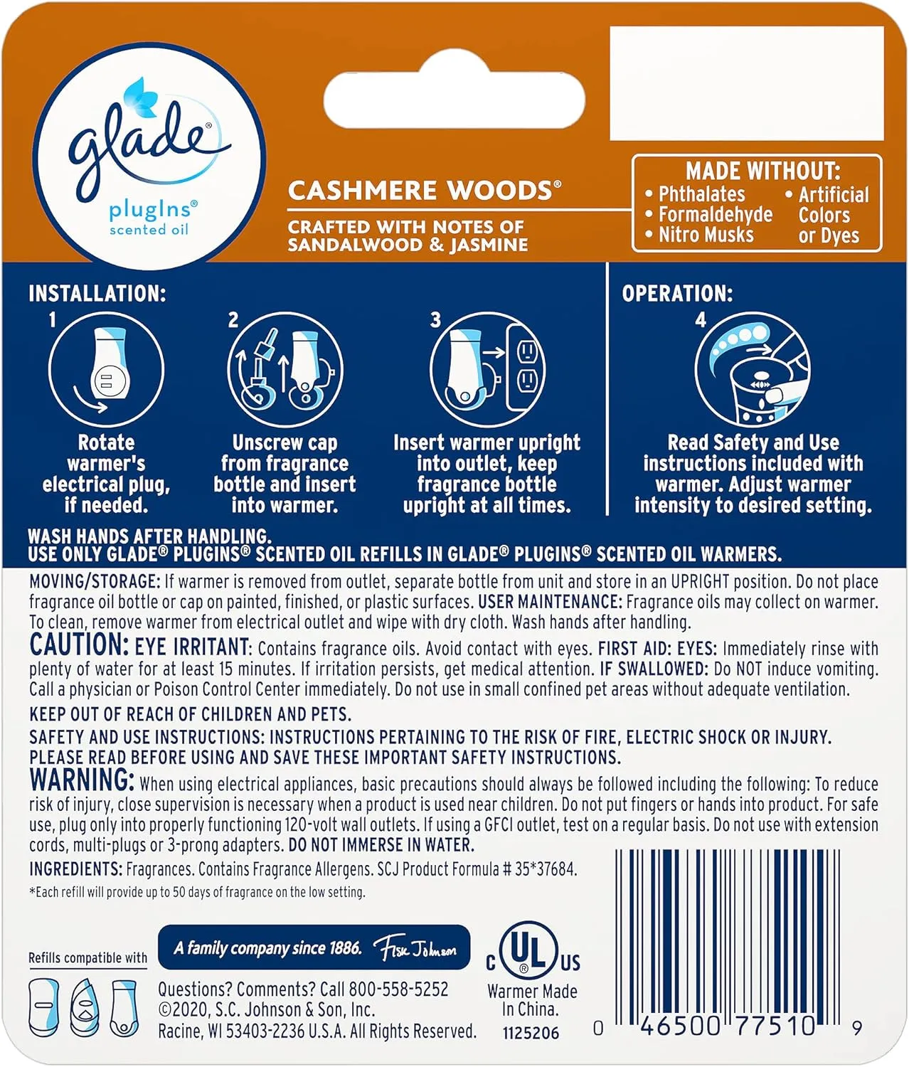 Glade PlugIns Refills Air Freshener Starter Kit, Scented and Essential Oils for Home and Bathroom, Cashmere Woods, 0.67 Fl Oz, 1 Warmer   1 Refill