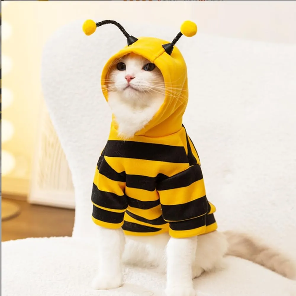 Halloween Dog Bee Costumes Yellow Bumblebee Pet Hoodies for Small Dog Winter Cat Clothes Hooded Puppy Sweatshirt with D-Ring for Cat Kitten Chihuahua (Bee, Small)