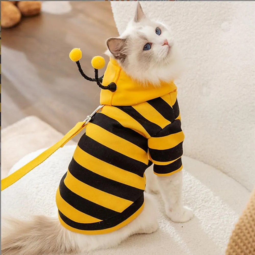 Halloween Dog Bee Costumes Yellow Bumblebee Pet Hoodies for Small Dog Winter Cat Clothes Hooded Puppy Sweatshirt with D-Ring for Cat Kitten Chihuahua (Bee, Small)