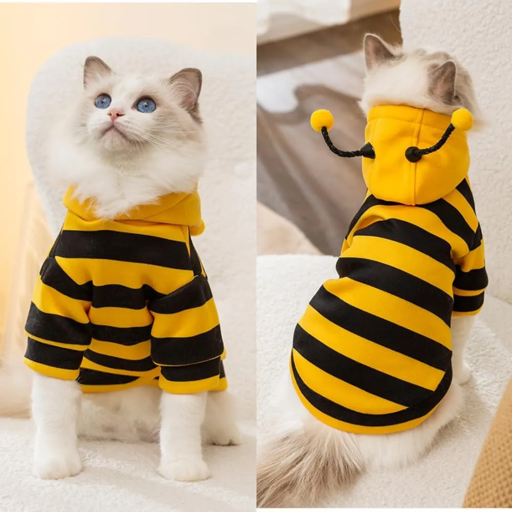 Halloween Dog Bee Costumes Yellow Bumblebee Pet Hoodies for Small Dog Winter Cat Clothes Hooded Puppy Sweatshirt with D-Ring for Cat Kitten Chihuahua (Bee, Small)