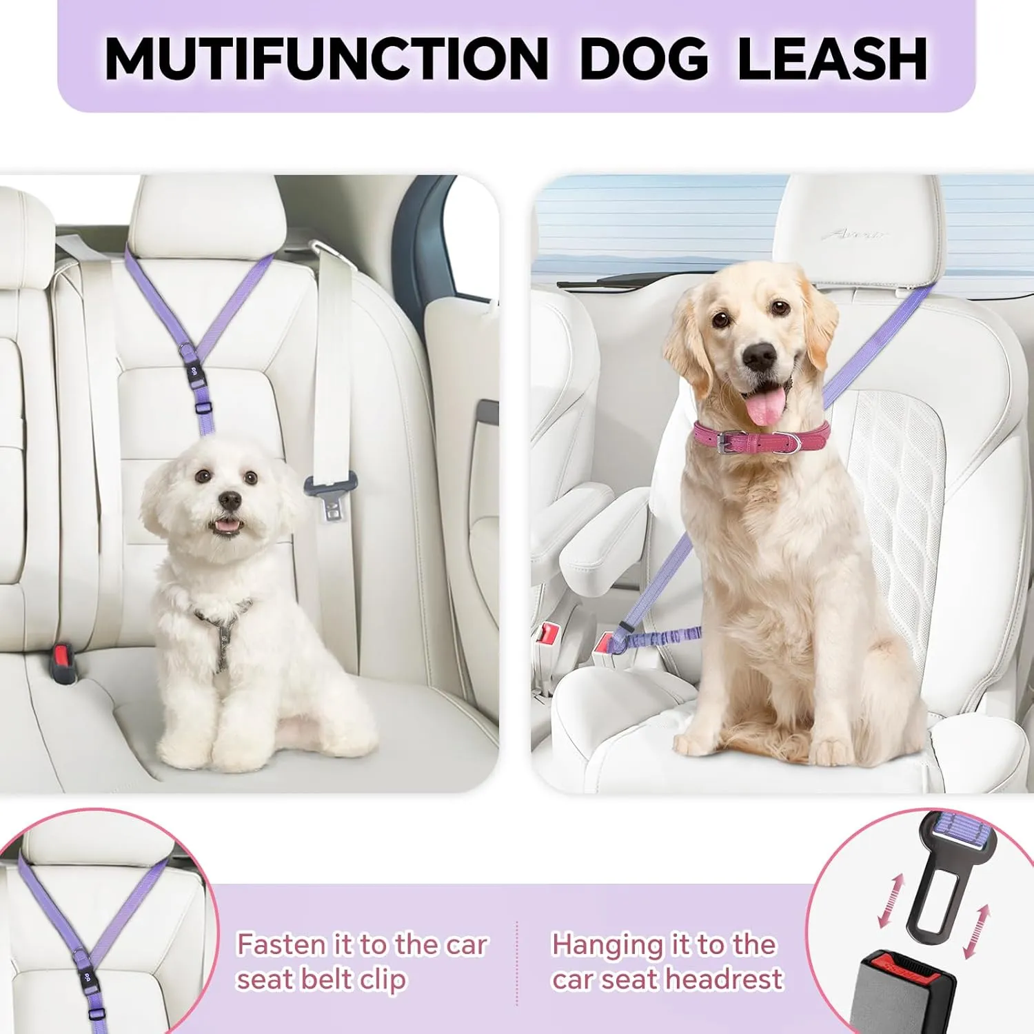 Hands Free Dog Leash, Adjustable Heavy Duty Bungee Waist Leash Belt for Medium Large Dogs Walking Running Hiking with Reflective(Purple)