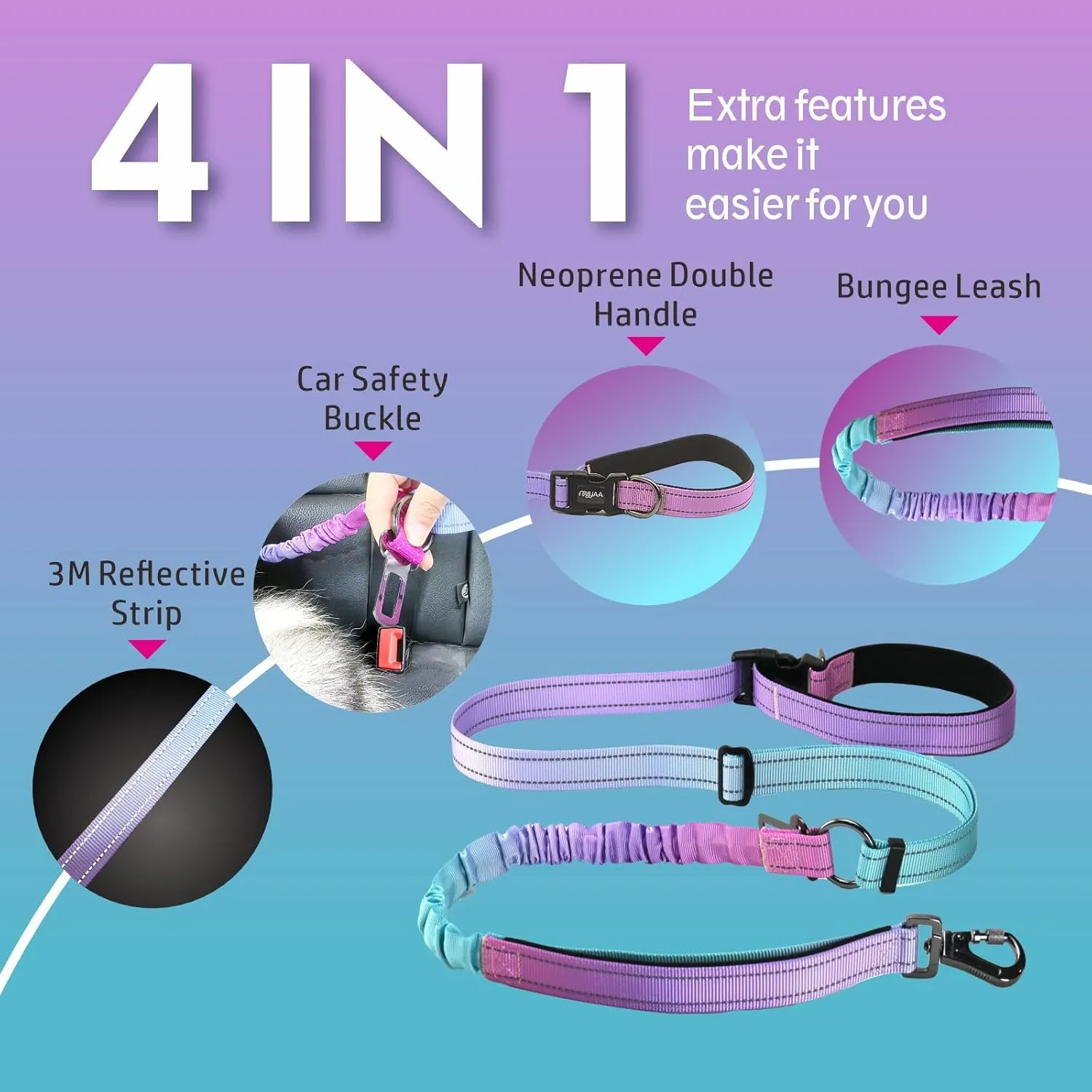 Heavy Duty Hands Free Dog Leash,Dual Handle Bungee Leash for Medium Large Dogs, Bungee Dog Running Waist LeashCross BodyShoulder & Waist with Car Seatbelt