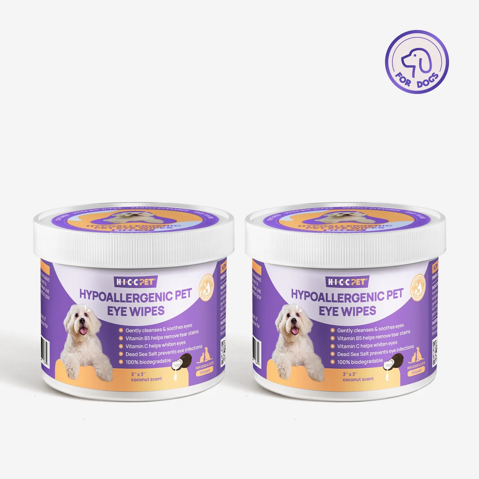 HICC Pet® Hypoallergenic Pet Eye Wipes For Dogs, Coconut Scent, 100 Pads, Set of 2