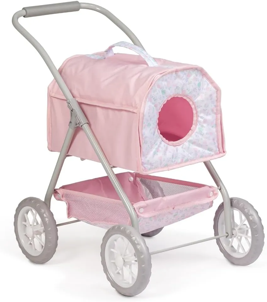 JC Toys - Berenguer Boutique | Deluxe Folding Pet Stroller | Pink Floral Collection | Removable Pet Carrier for Dolls and Plush | Ages 3 