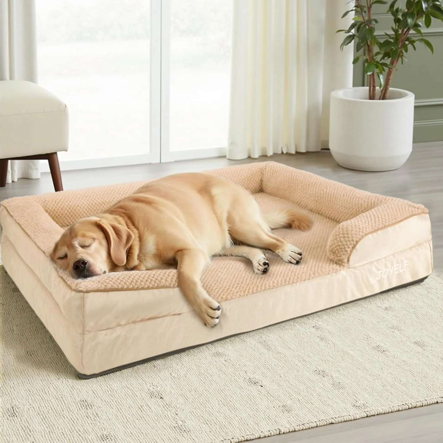 JOYELF Orthopedic Dog Bed for Large Dogs, Foam Sofa Couch Bed, Bolster Waterproof Pet Bed with Removable Washable Cover and Nonskid Bottom, Durable Dog Bed Couch for Medium to Large Dogs -Khaki