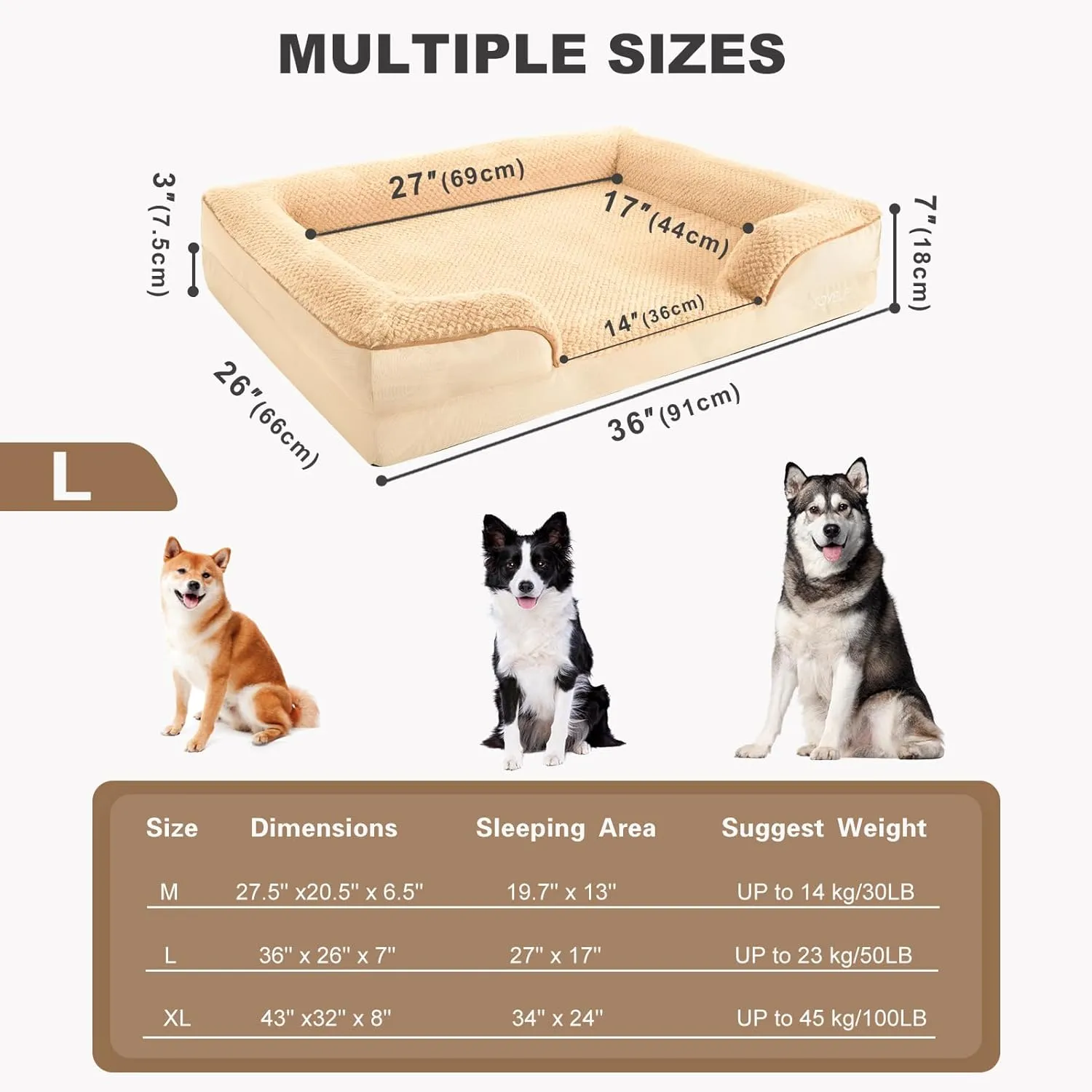 JOYELF Orthopedic Dog Bed for Large Dogs, Foam Sofa Couch Bed, Bolster Waterproof Pet Bed with Removable Washable Cover and Nonskid Bottom, Durable Dog Bed Couch for Medium to Large Dogs -Khaki