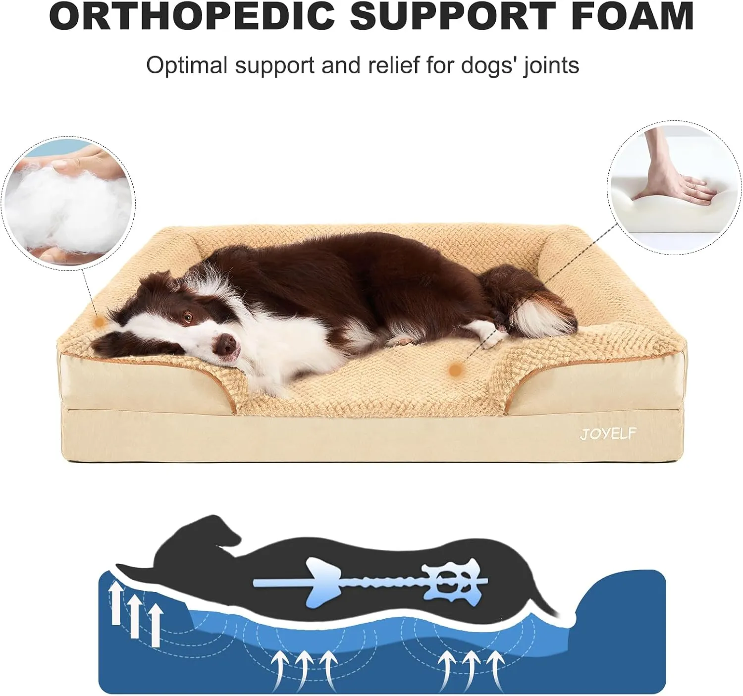 JOYELF Orthopedic Dog Bed for Large Dogs, Foam Sofa Couch Bed, Bolster Waterproof Pet Bed with Removable Washable Cover and Nonskid Bottom, Durable Dog Bed Couch for Medium to Large Dogs -Khaki