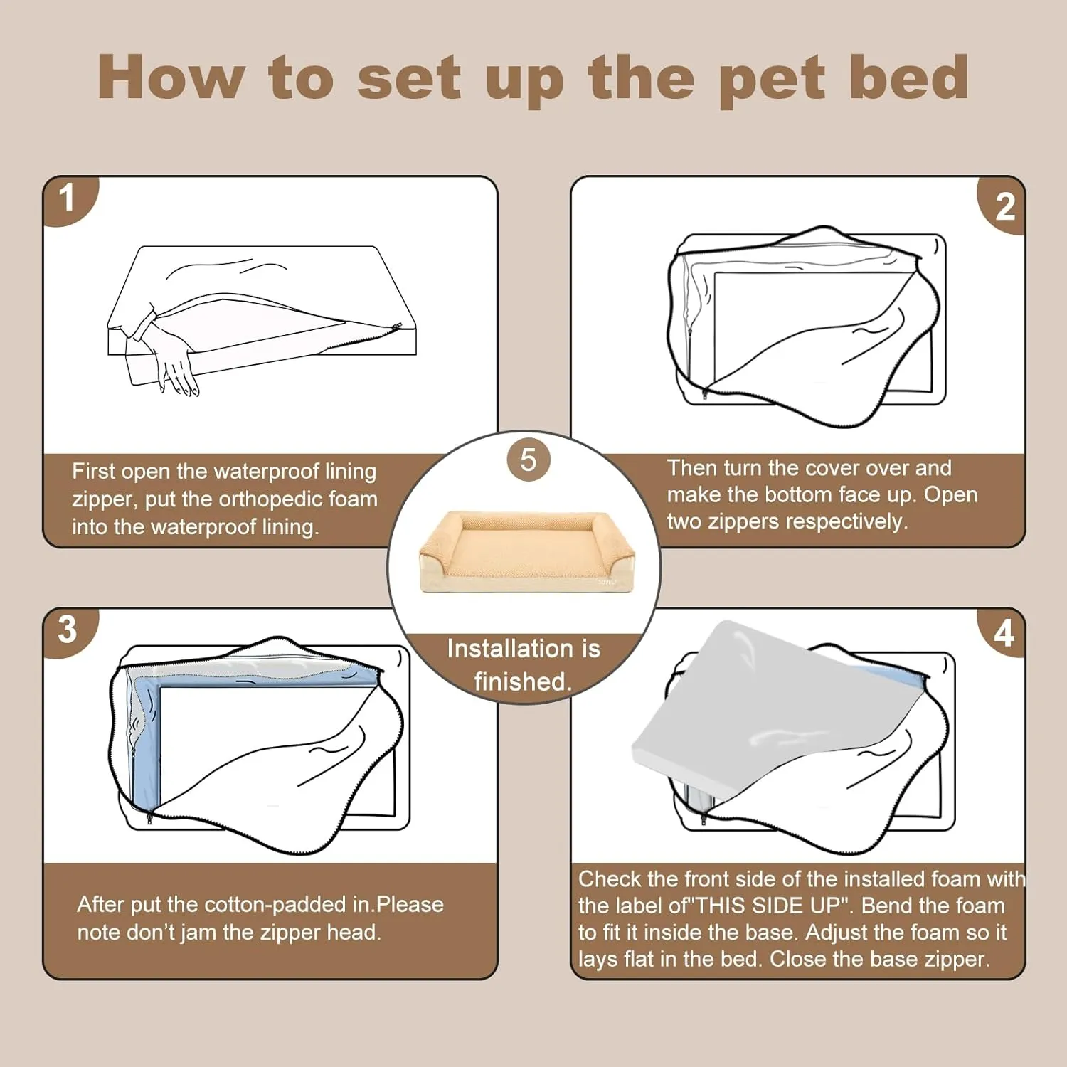 JOYELF Orthopedic Dog Bed for Medium Dogs, Foam Sofa Couch Bed, Bolster Waterproof Pet Bed with Removable Washable Cover and Nonskid Bottom, Durable Dog Bed Couch for Medium Dogs -Khaki