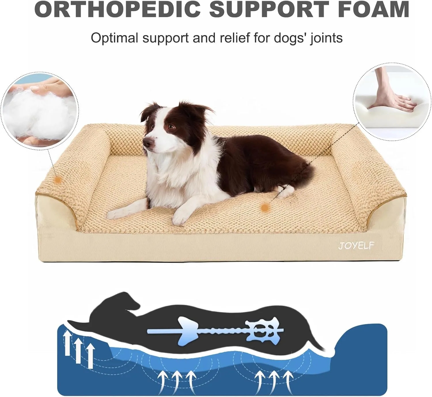 JOYELF Orthopedic Dog Bed for Medium Dogs, Foam Sofa Couch Bed, Bolster Waterproof Pet Bed with Removable Washable Cover and Nonskid Bottom, Durable Dog Bed Couch for Medium Dogs -Khaki