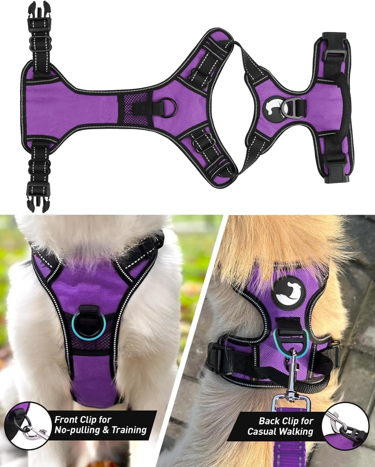 Joytale No Pull Dog Harness Medium Sized Dog, Reflective Pet Vest with Front Clip, Adjustable Soft Padded Harnesses with Easy Control Handle for Training and Walking, Purple, M