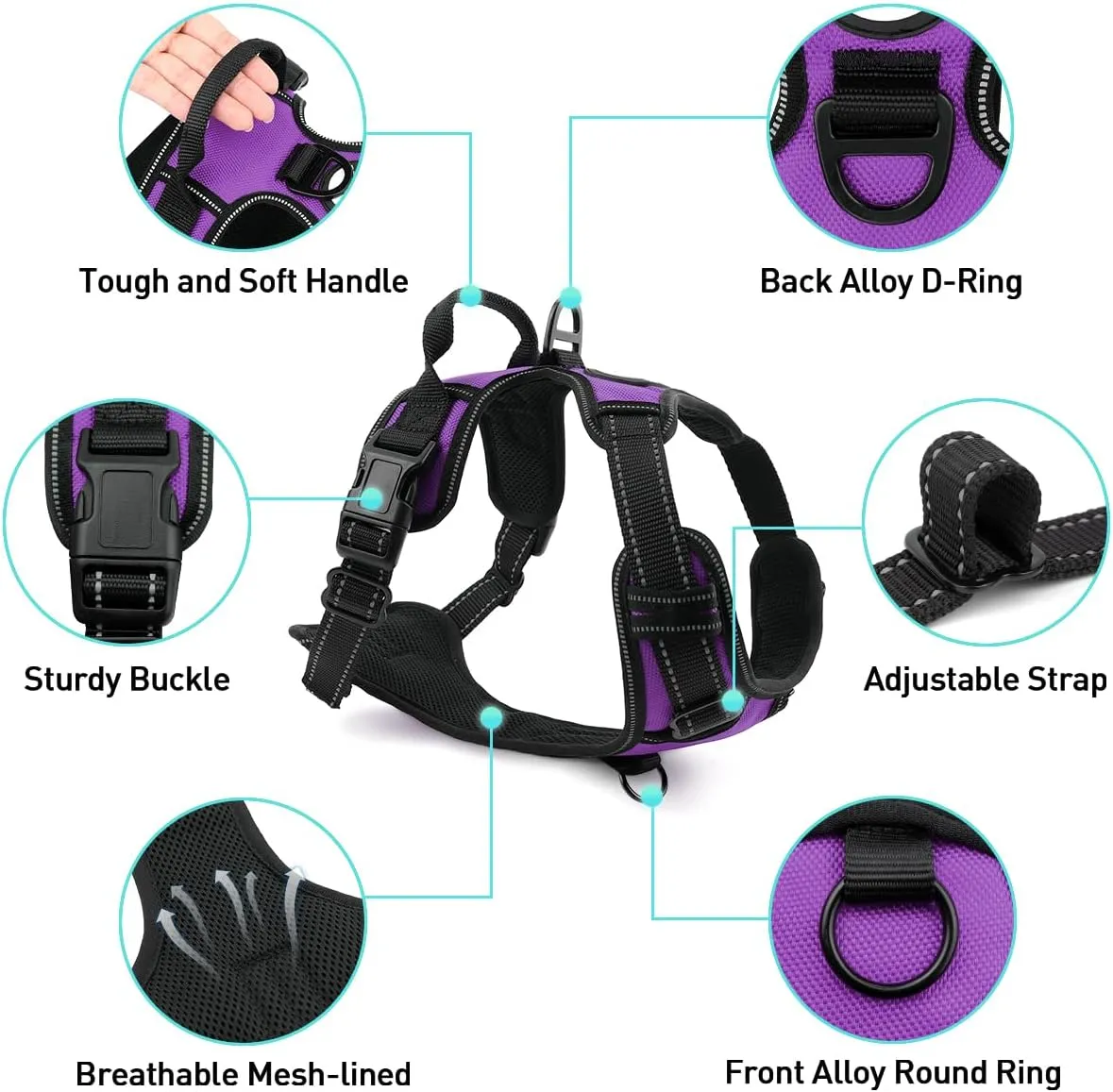 Joytale No Pull Dog Harness Medium Sized Dog, Reflective Pet Vest with Front Clip, Adjustable Soft Padded Harnesses with Easy Control Handle for Training and Walking, Purple, M