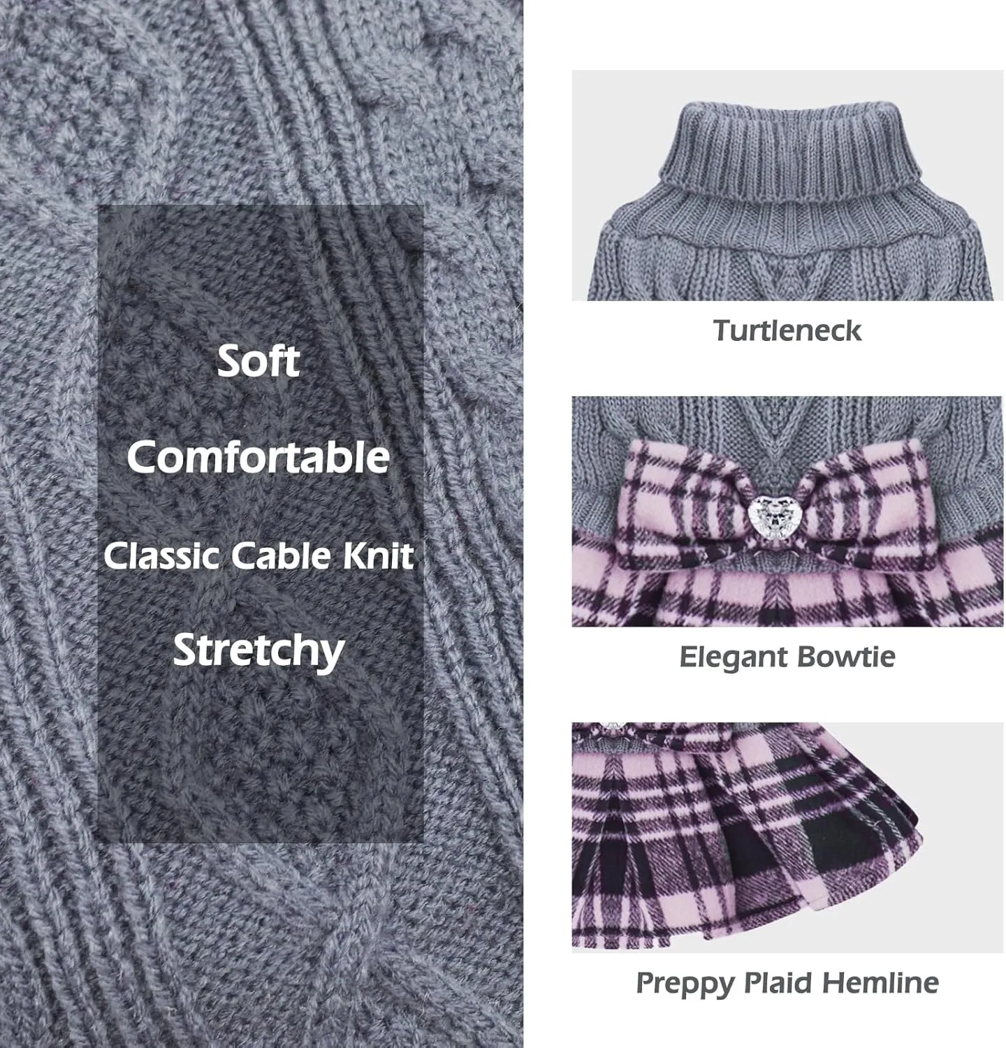 KYEESE Dog Sweater Large Dogs Sweater with Bowtie Checkered Soft Clothes Large Size Dogs Turtleneck Warm Pet Sweater Pet Sweater Dress Dog Coats, Grey, 3L