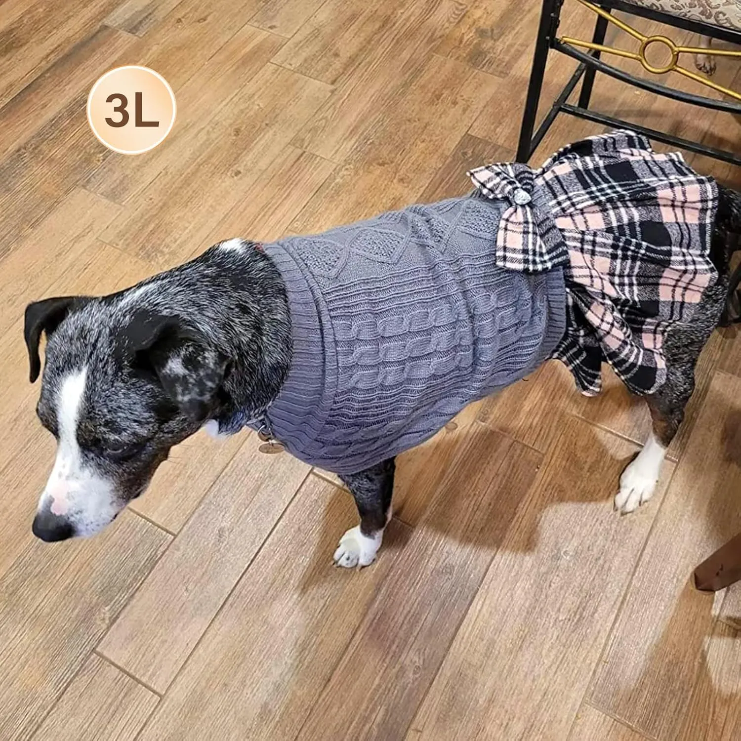 KYEESE Dog Sweater Large Dogs Sweater with Bowtie Checkered Soft Clothes Large Size Dogs Turtleneck Warm Pet Sweater Pet Sweater Dress Dog Coats, Grey, 3L