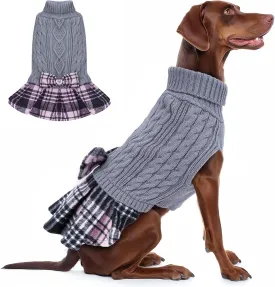 KYEESE Dog Sweater Large Dogs Sweater with Bowtie Checkered Soft Clothes Large Size Dogs Turtleneck Warm Pet Sweater Pet Sweater Dress Dog Coats, Grey, 3L