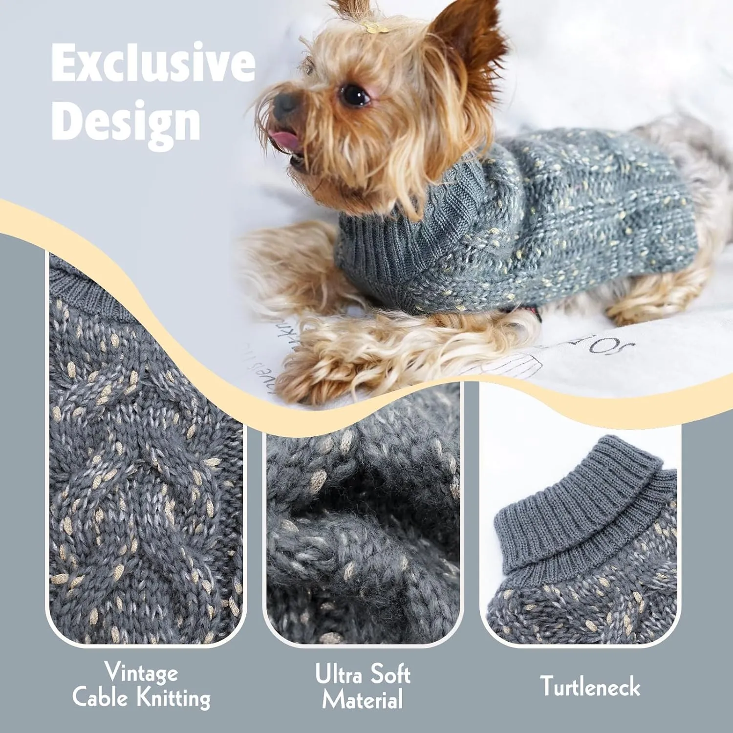 KYEESE Dog Sweater Warm Dog Clothes for Small Dog Pullover Dog Coat Turtleneck Knitwear Sweater with Golden Yarn for Fall Winter, Grey, X-Small