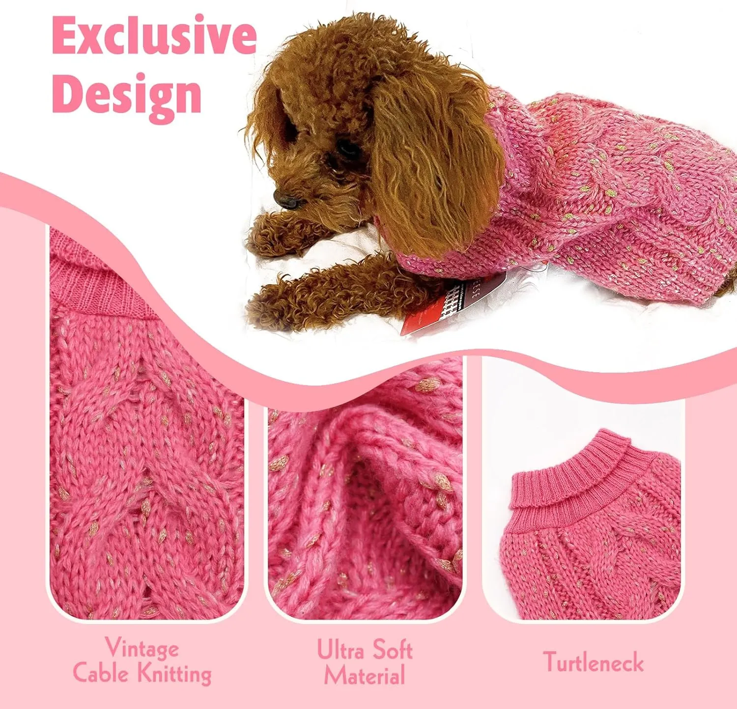 KYEESE Dog Sweater Warm Dog Clothes for Small Dog Pullover Dog Coat Turtleneck Knitwear Sweater with Golden Yarn for Fall Winter, Pink, X-Small