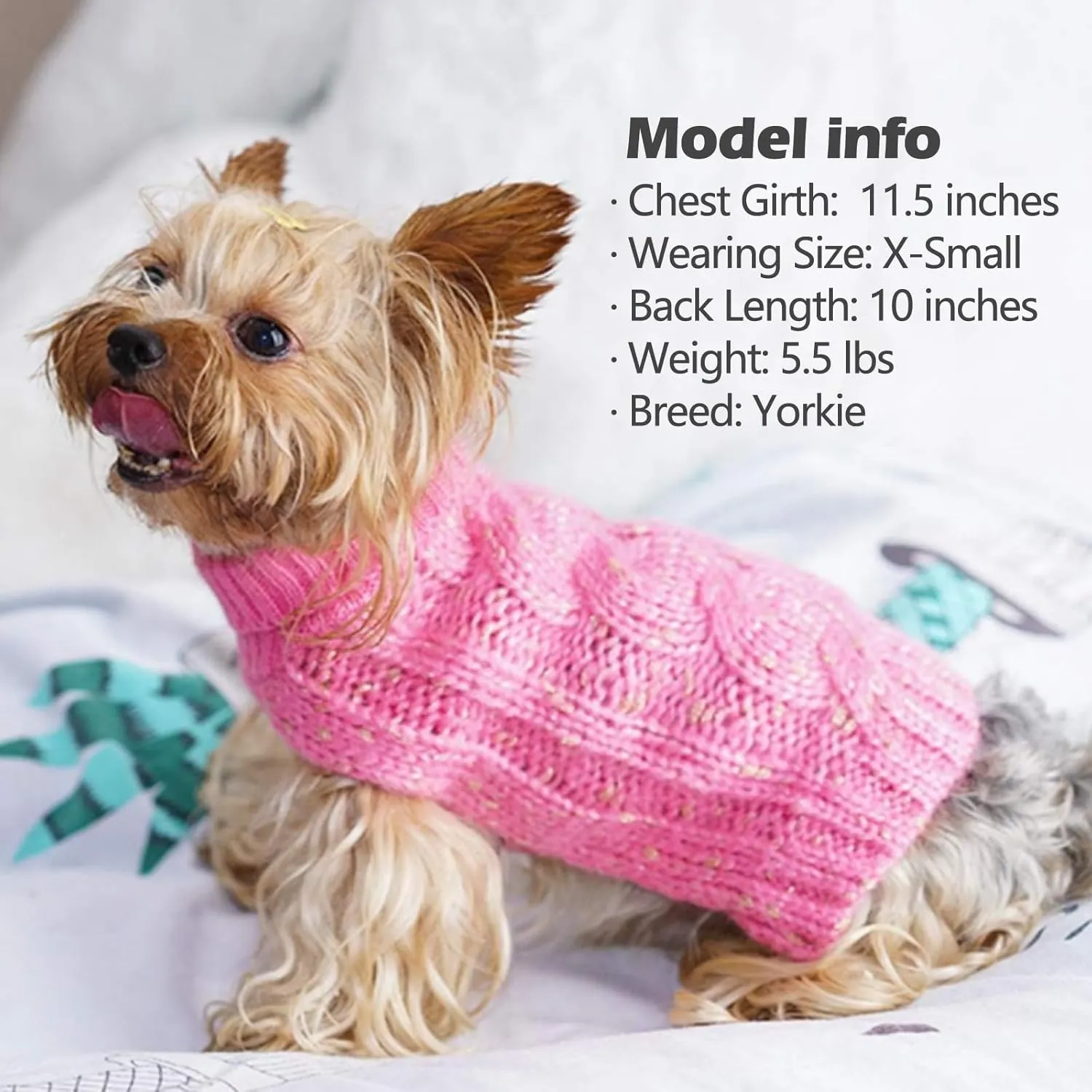 KYEESE Dog Sweater Warm Dog Clothes for Small Dog Pullover Dog Coat Turtleneck Knitwear Sweater with Golden Yarn for Fall Winter, Pink, X-Small
