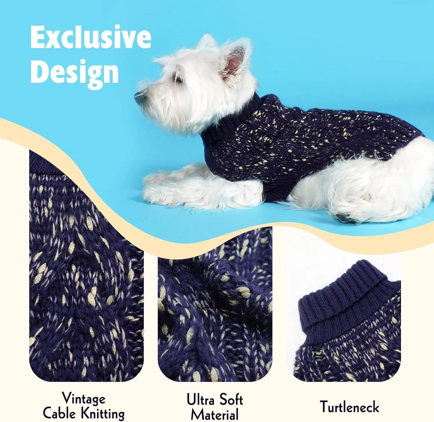 KYEESE Dog Sweater Warm Dogs Clothes for Small Dog Pullover Dogs Coat Turtleneck Knitwear Sweater with Golden Yarn for Fall Winter, Navy Blue, X-Small
