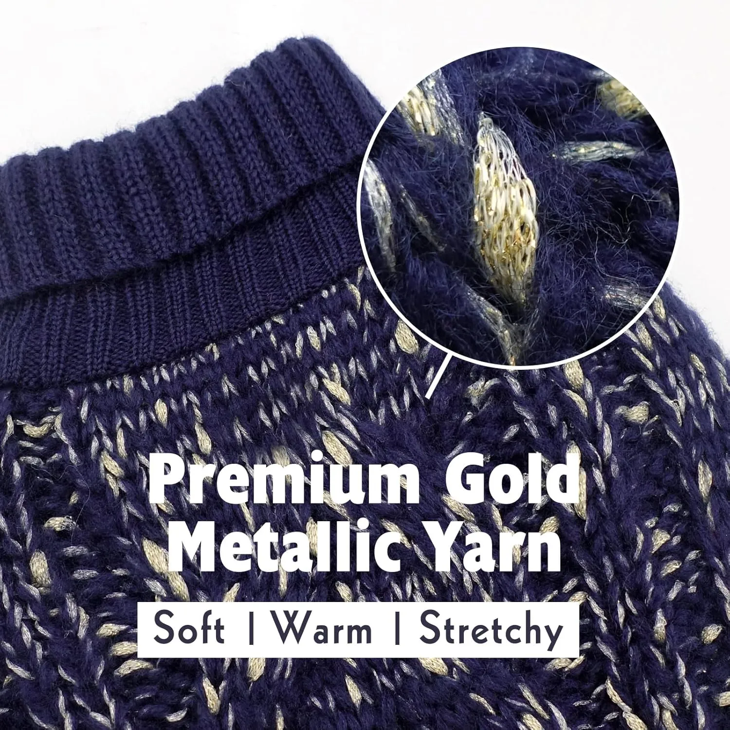 KYEESE Dog Sweater Warm Dogs Clothes for Small Dog Pullover Dogs Coat Turtleneck Knitwear Sweater with Golden Yarn for Fall Winter, Navy Blue, X-Small